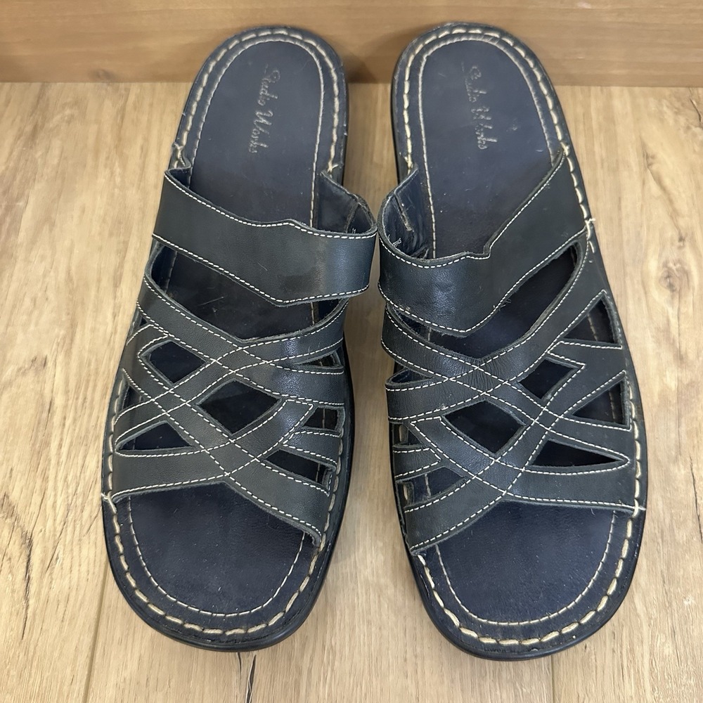 Women's Studio Works Blue Leather Sandals Slide Leather‎ Upper 11 Small Heel